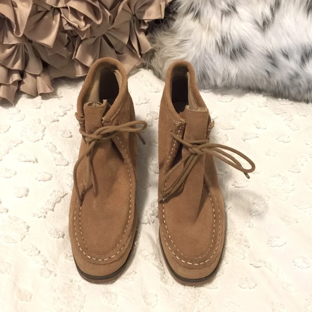 Lace Up Vintage Suede Leather Chukka Brown Carmel Tan Block Heel Ankle Boots 8